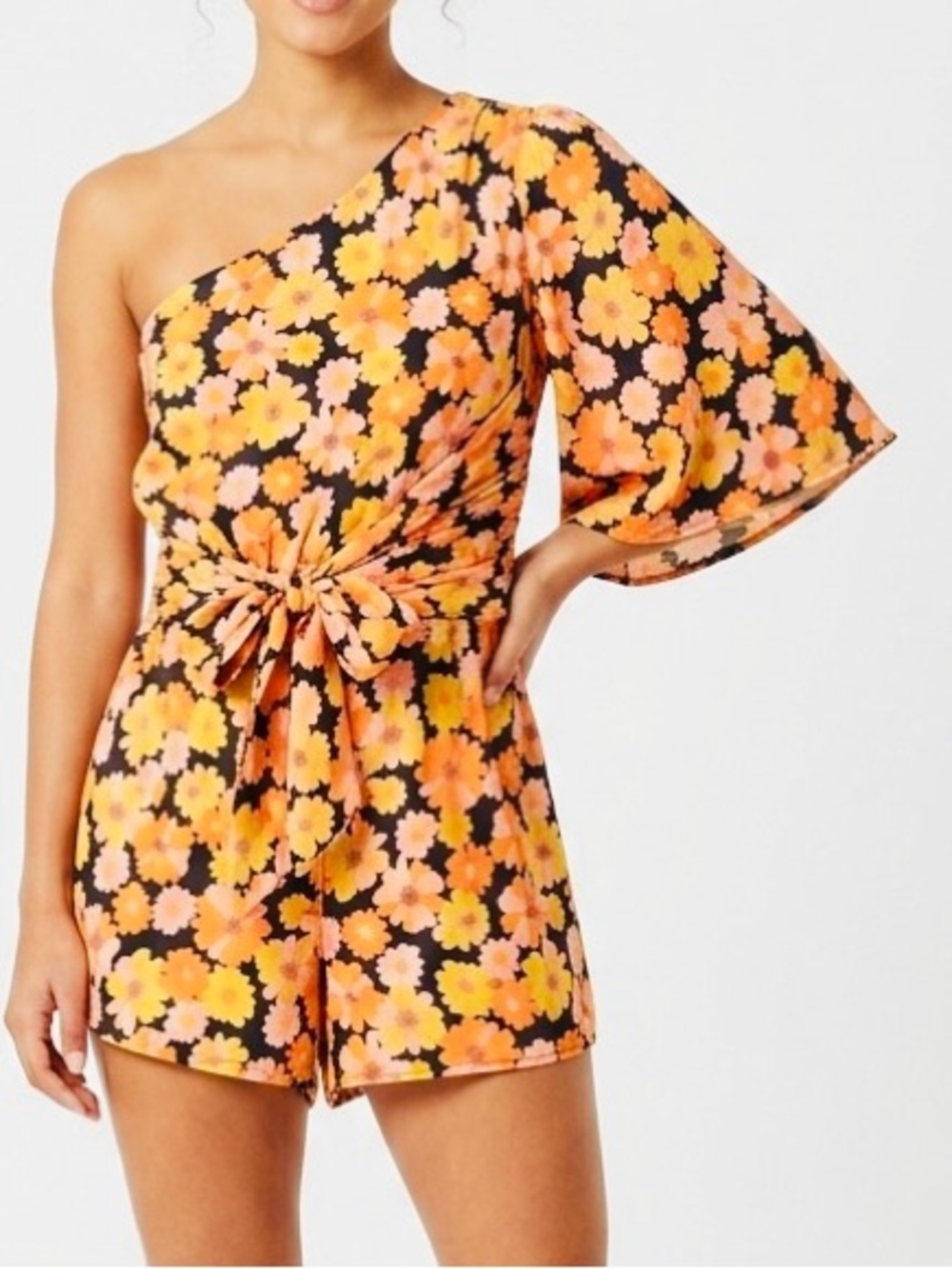SKYLAR ROSE One-Shoulder Orange Black Yellow Retro Floral Shorts Romper